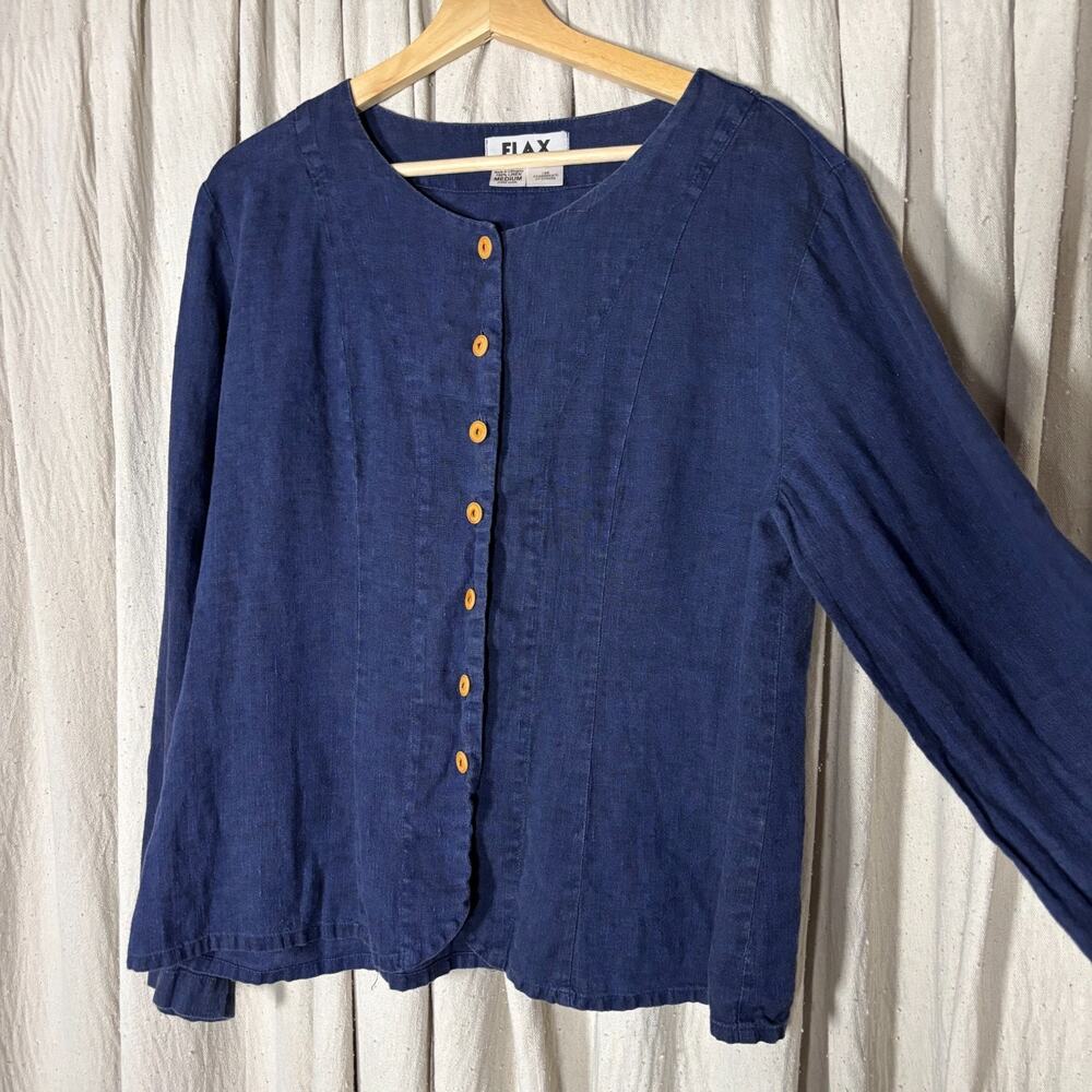 FLAX 100% Linen Button Front Top Navy Wood Buttons M Lithuania